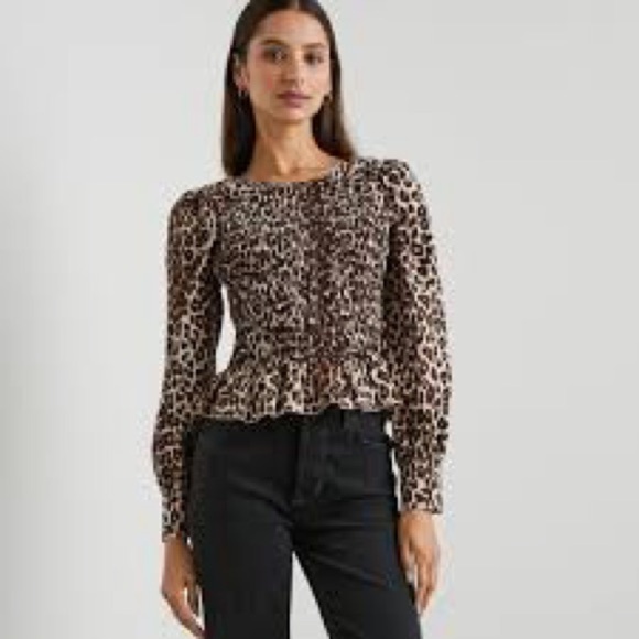 Rails Tops - Rails Leopard Print Smocked Peplum Blouse Size L Long Sleeve Stretch Top
